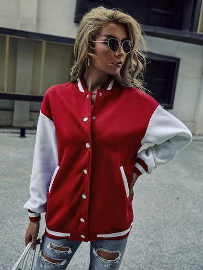 Damen Baseballjacke Kontrastärmel Druckknopfverschluss Norvielle