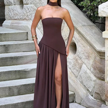 Damen Maxikleid Trägerlos Hohes Schlitzkleid Norvielle