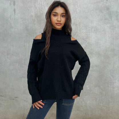 Damen Pullover Schulterfrei Zopfmuster Norvielle