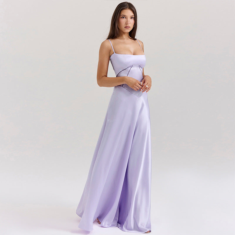 Damen Satin Maxikleid mit Trägern Figurbetont