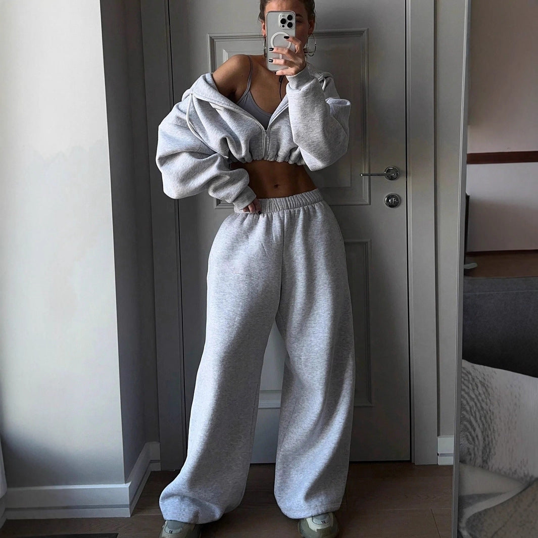 Damen Sportswear Set Cropped Sweatshirt High-Waist Jogginghose Grau