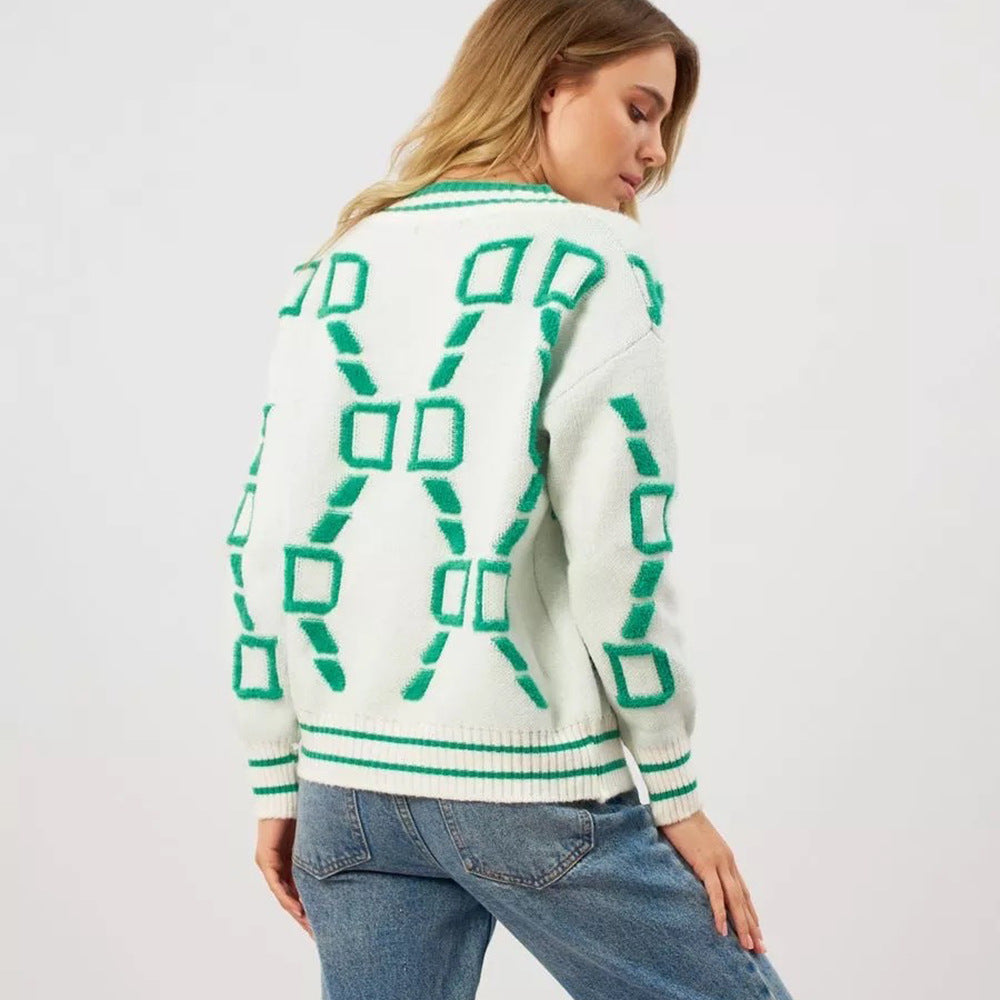 Damen Strickjacke Geometrisches Muster Knopfleiste Norvielle