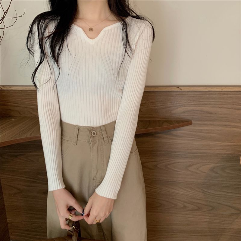 Damen V-Ausschnitt Feinstrickpullover Rippstruktur