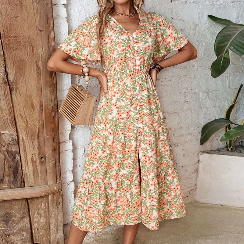 Damen Blumenkleid V-Ausschnitt Knopfleiste Blumenmuster