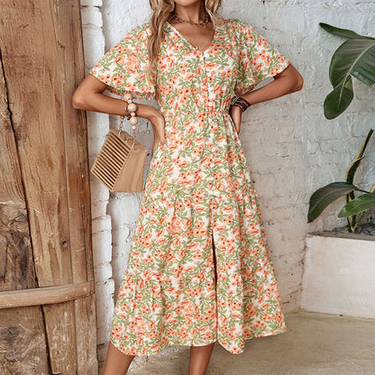 Damen Blumenkleid V-Ausschnitt Knopfleiste Blumenmuster