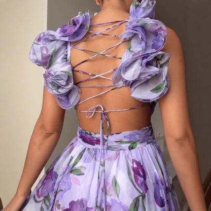 Damen Maxikleid Blumenmuster Rüschen Details Norvielle