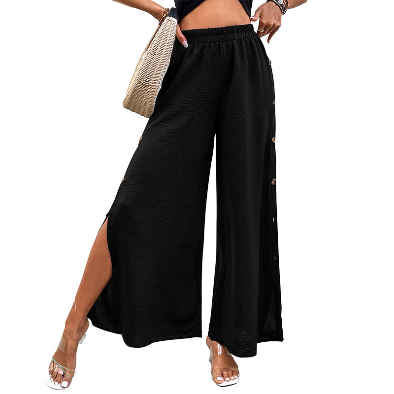 Damen Sommerhose Weite Passform Seitenschlitze Dekorative Knöpfe