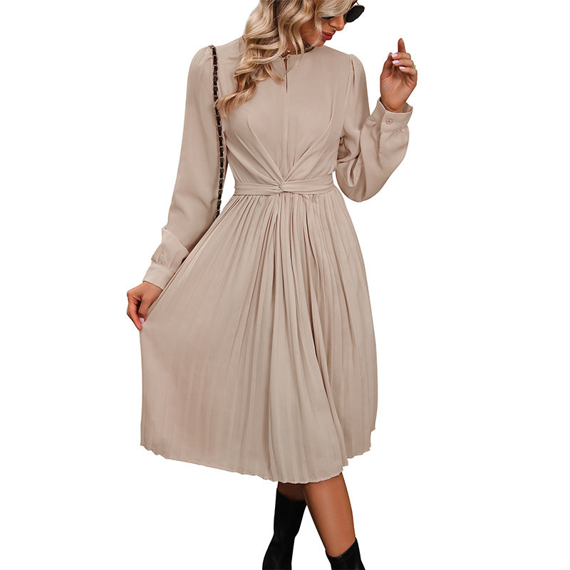 Damen Midikleid Plissiert Elegante Taillierung Langer Ärmel Norvielle