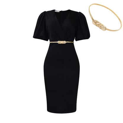 Damen Etui-Kleid Puffärmel Taillengürtel Norvielle