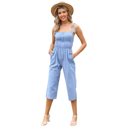 Damen Jumpsuit Verstellbare Träger Fließender Schnitt Beige