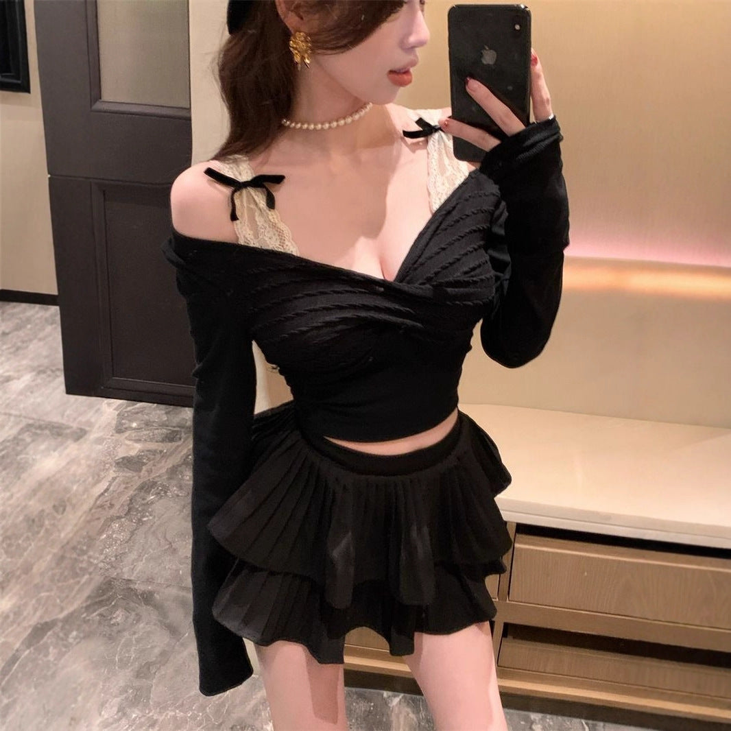 Damen Langarmshirt Spitzenakzent Elegante Raffung Weiß - Norvielle