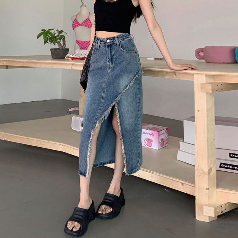 Damen Denim Midi-Rock Asymmetrischer Saum