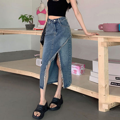 Damen Denim Midi-Rock Asymmetrischer Saum