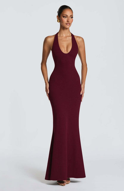 Damen Elegantes Bodenkleid V-Ausschnitt Figurbetonter Stoff