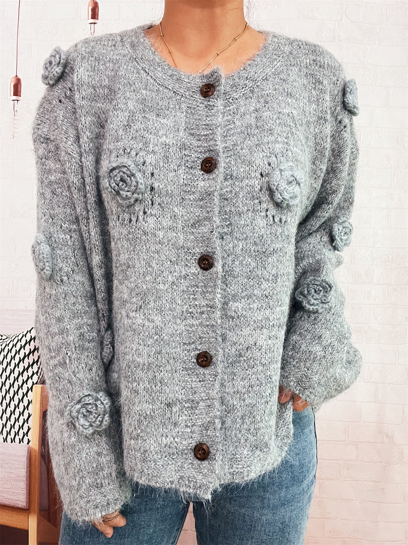 Damen Strickjacke mit Floralmuster und Knöpfen Norvielle
