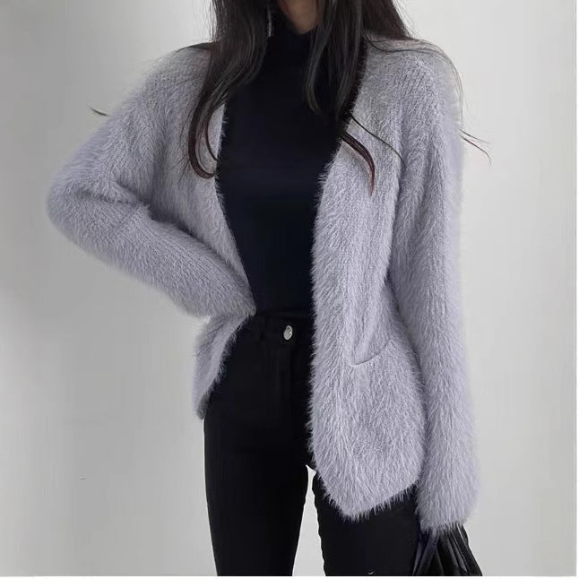 Damen Strickjacke Flauschig Offene Fronten Taschen Beige - Norvielle