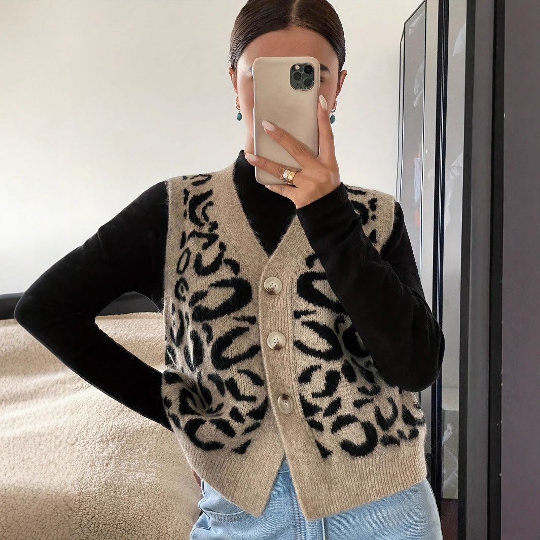 Damen Strickweste Leoprint Hochwertig - Norvielle