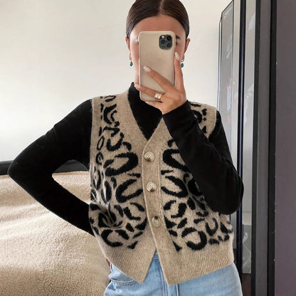Damen Strickweste Leoprint Hochwertig - Norvielle