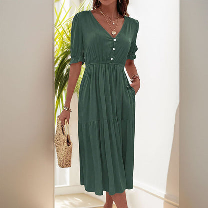 Damen Midi-Kleid Knopfdetail Voluminöse Ärmel Norvielle