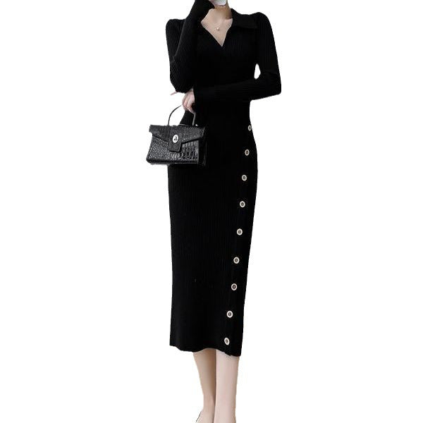 Damen Strickkleid Wickeloptik Knöpfe Norvielle