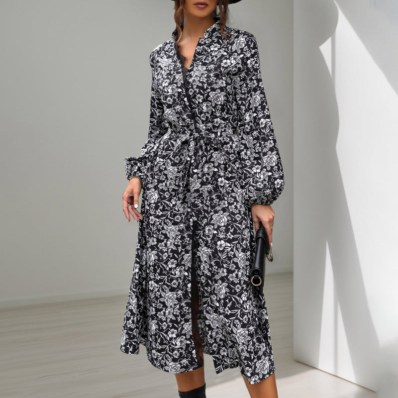 Damen Kleid Lang Floralmuster Elegante Taillierung