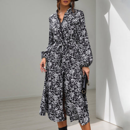 Damen Kleid Lang Floralmuster Elegante Taillierung