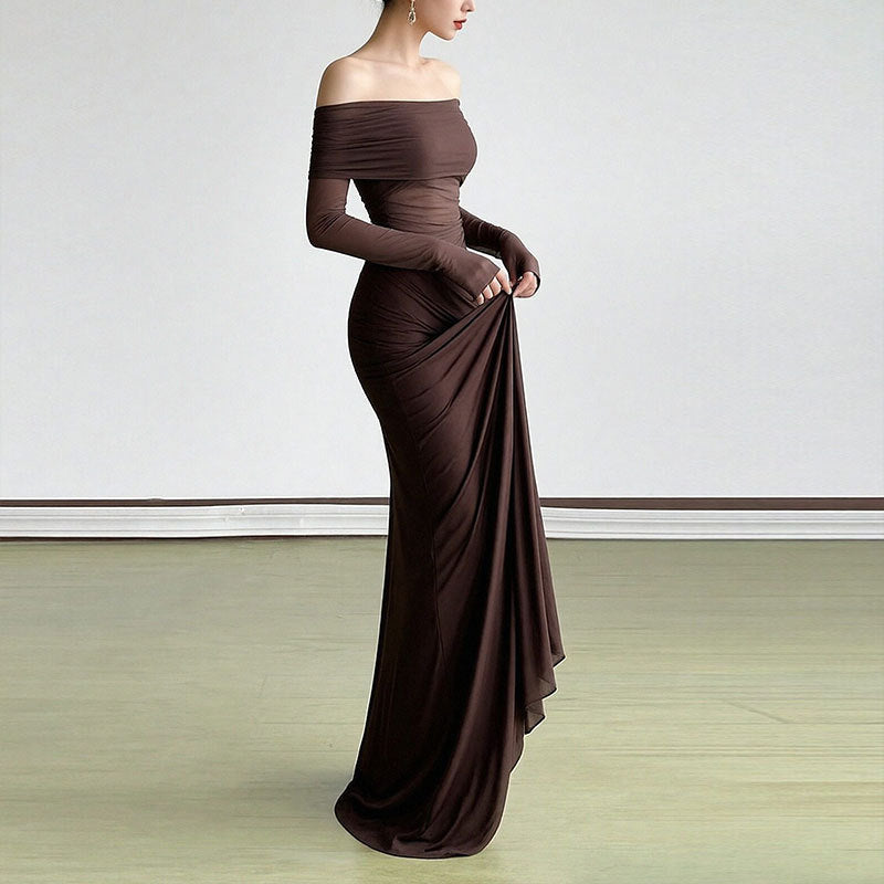 Damen Off-Shoulder Maxikleid Rüschendetails Langarm