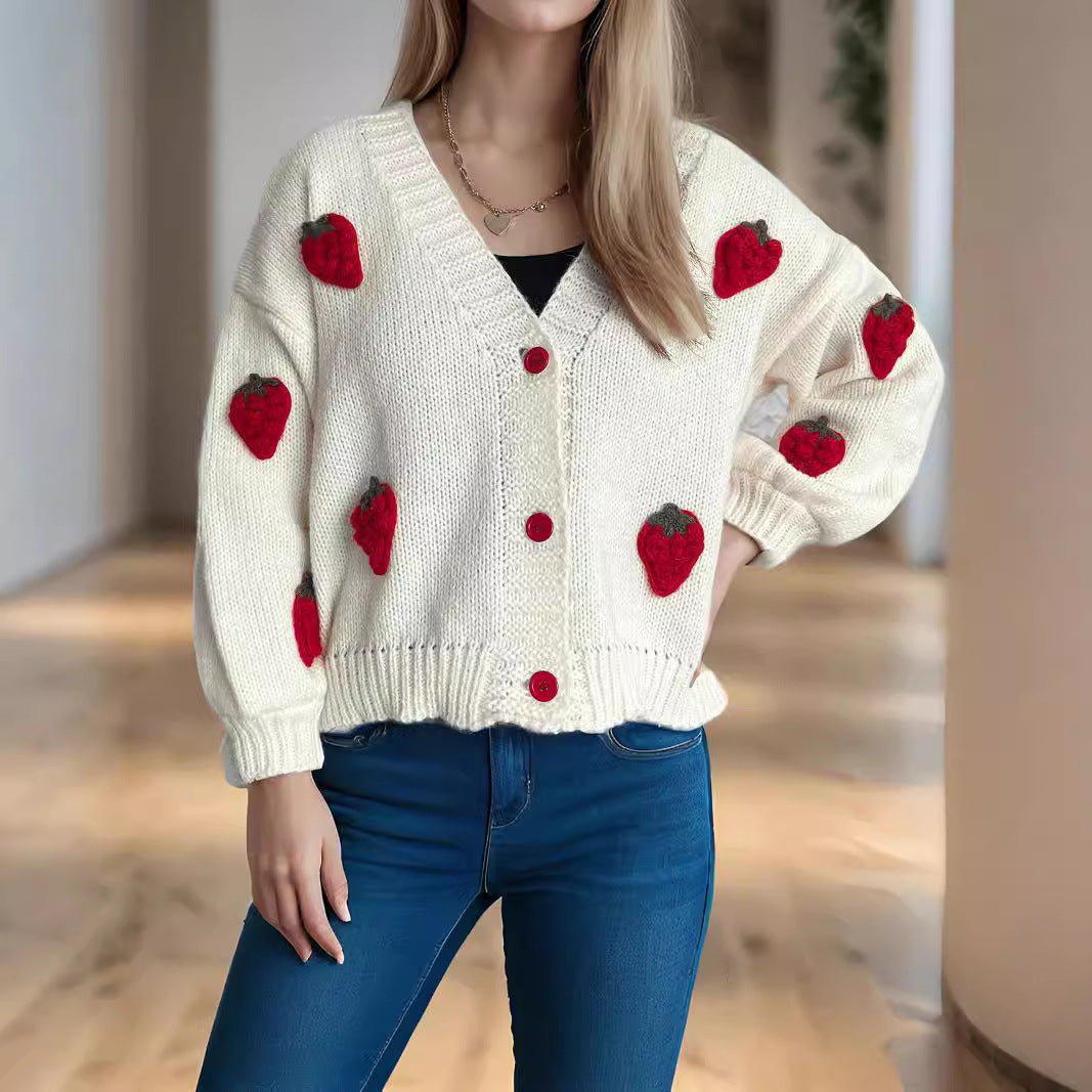 Damen Strickjacke Erdbeermotiv Große Knöpfe