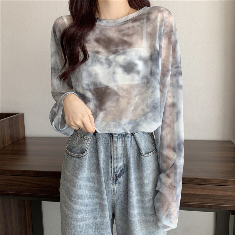 Damen Longsleeve-Oberteil Transparent Tie-Dye-Muster
