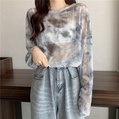 Damen Longsleeve-Oberteil Transparent Tie-Dye-Muster