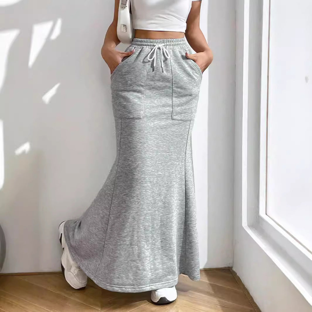 Damen Maxi-Rock Elastischer Bund Praktische Taschen Schwarz - Norvielle