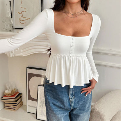 Damen Langarmshirt Quadratischer Ausschnitt Rüschensaum Norvielle