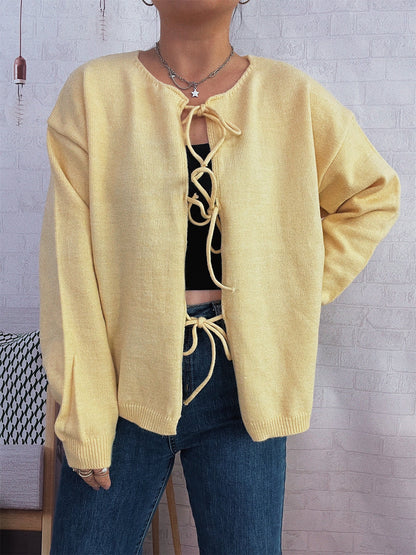 Damen Strickcardigan Lässig Kordelzug Offene Vorderseite Beige