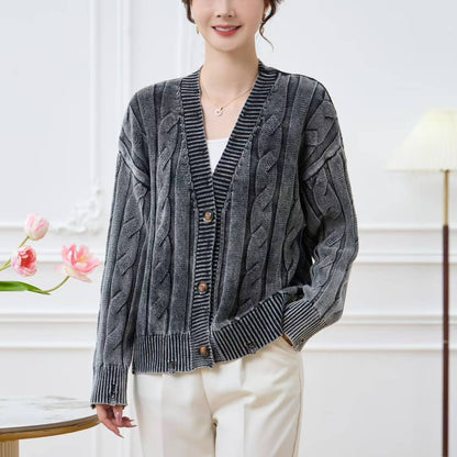 Damen Grobstrick Cardigan V-Ausschnitt Zopfmuster Beige - Norvielle