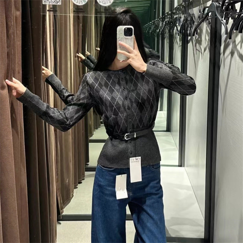 Damen Strickjacke Karomuster Mit Abnehmbarem Gürtel Norvielle - Norvielle