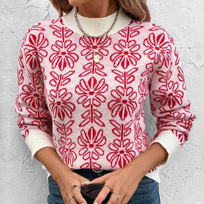 Damen Strickpullover Floralmuster Stehkragen Norvielle - Norvielle