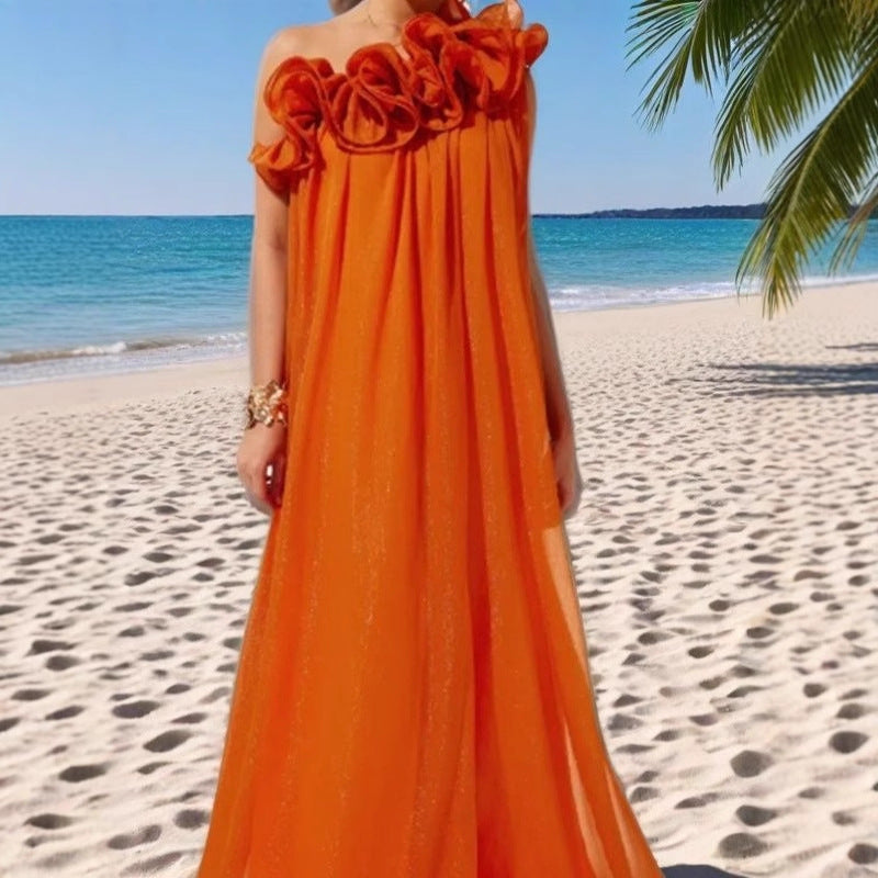 Damen Maxikleid Asymmetrische Rüschen Eleganter Schnitt