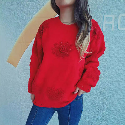 Damen Pullover mit Floralmuster Strukturiertes Strickdesign Beige