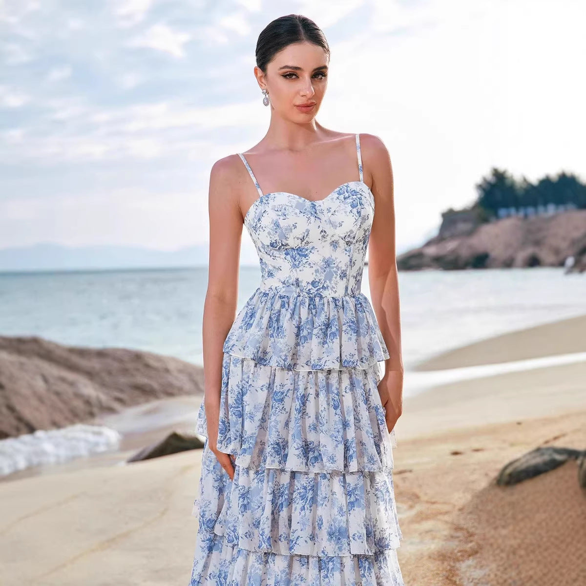 Damen Maxikleid Boho-Stil mit Blumenmuster und Herz-Ausschnitt