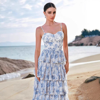 Damen Maxikleid Boho-Stil mit Blumenmuster und Herz-Ausschnitt