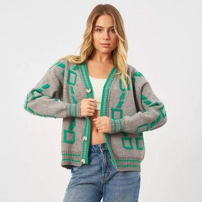 Damen Strickjacke Geometrisches Muster Knopfleiste Norvielle