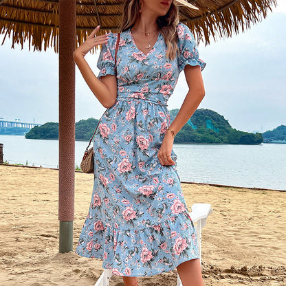 Damen Midikleid Floralmuster Rüschendetails Taillierung Norvielle