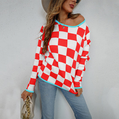 Damen Pullover Checkerboard Muster Norvielle