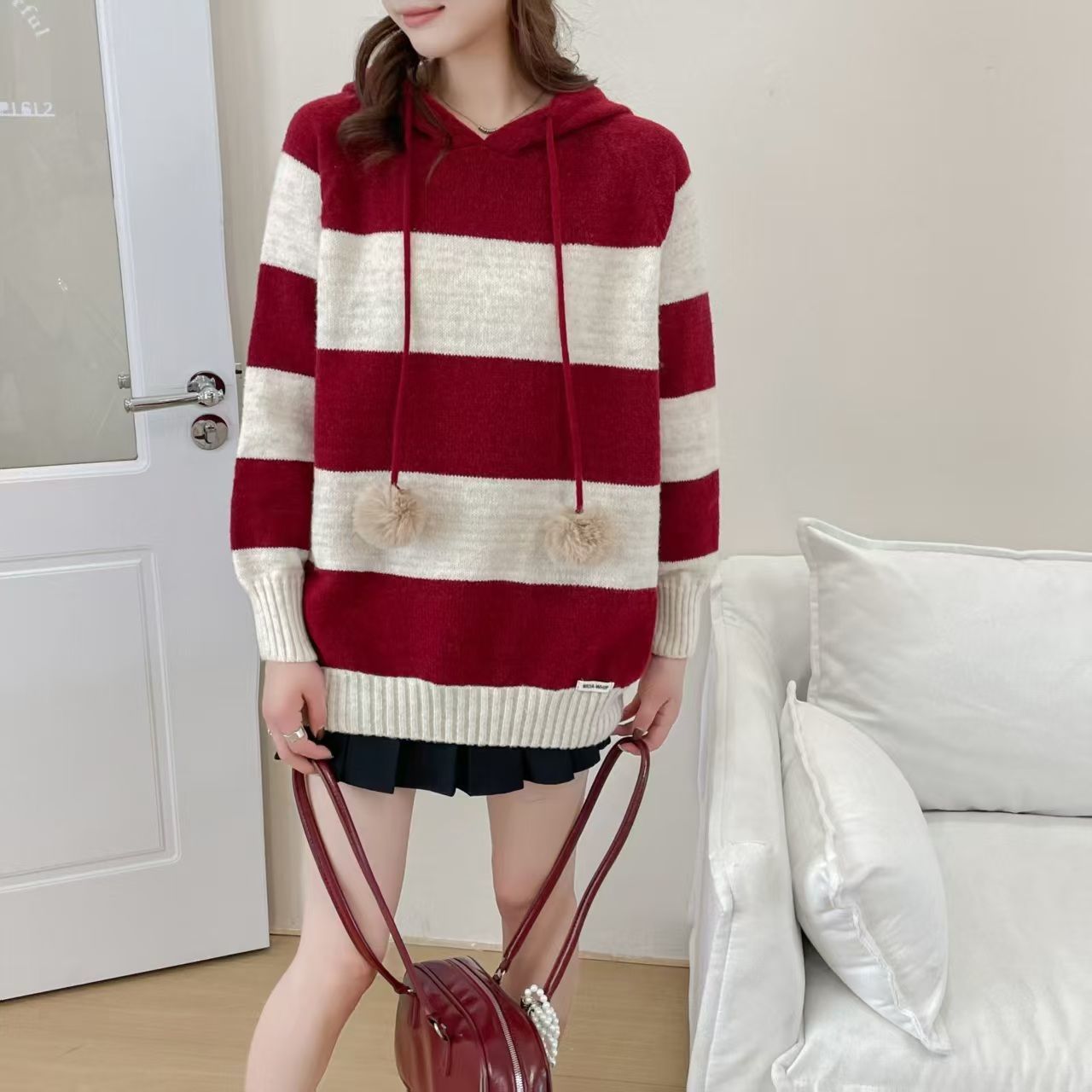 Damen Hoodie Gestreift Bommel Weiß