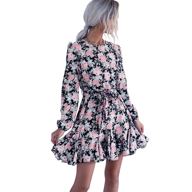 Damen Sommerkleid Kurzarm Floralmuster Rüschensaum