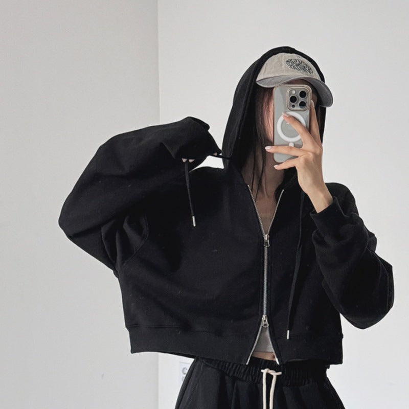 Damen Cropped Kapuzenjacke Elastisch Reißverschluss