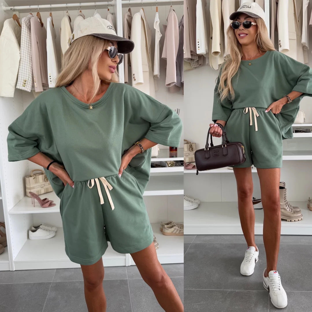Damen Oversize T-Shirt Set mit Shorts Verstellbarer Taillenzug