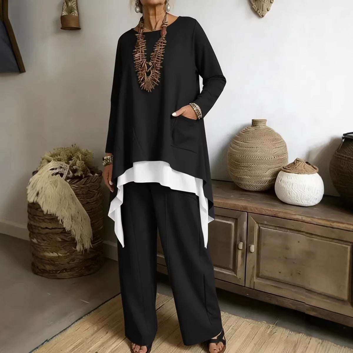 Damen Ensemble Asymmetrisches Oberteil Weite Hose Norvielle