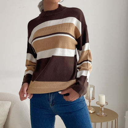 Damen Strickpullover Farbiges Streifenmuster Hochkragen - Norvielle