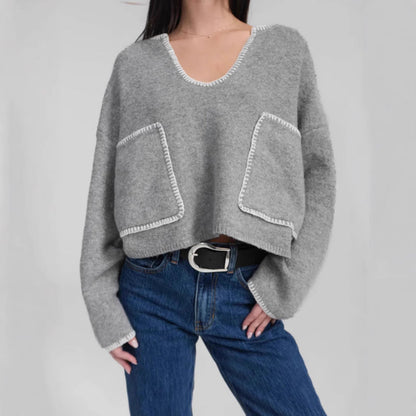 Damen Cropped Pullover Asymmetrisch mit Taschen Norvielle